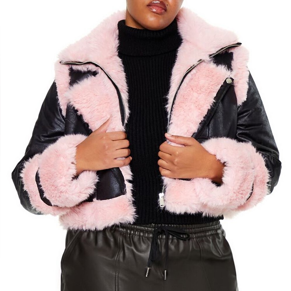Forever 21 Pink and Black Teddy Jacket Plush Faux Fur